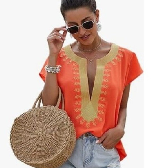 NWT Womens Deep V Neck Size M‎ Short Boutique Sleeve Shreya  Blouse Lq - Picture 2 of 16